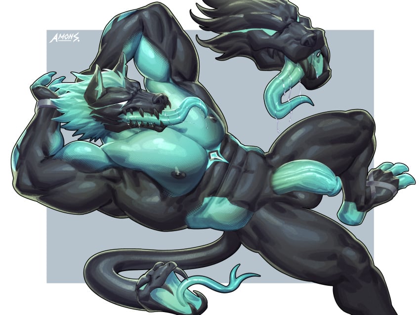 abs amon-sydonai anthro balls biceps big_balls big_penis canid canine canis cerberus cerberus_(fortnite) demon epic_games fortnite male male_nipples male_only muscular_anthro muscular_male nipples nude pecs penis wolf