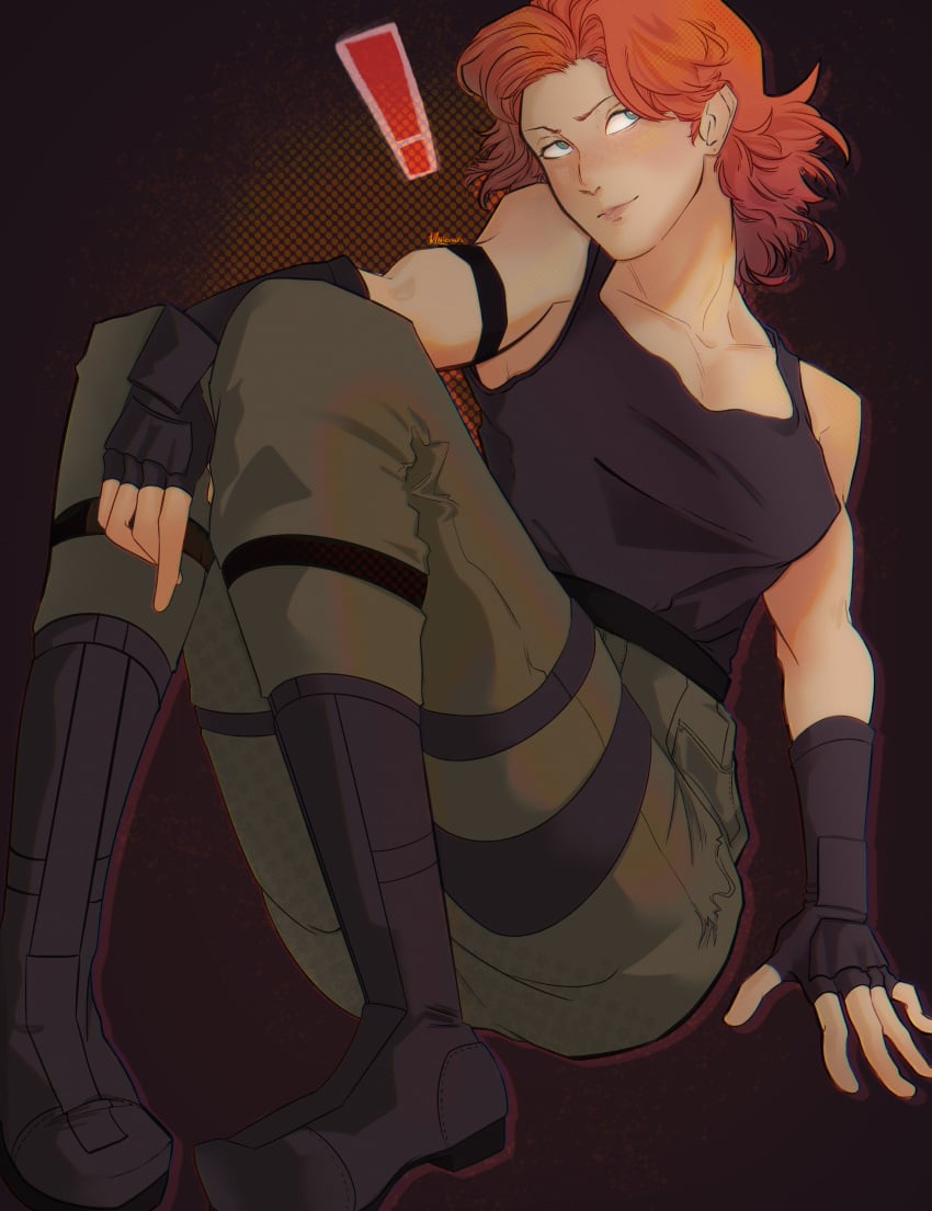 ! 1girls arm_strap black_arm_strap black_boots black_tank_top boots clothed_female fingerless_gloves fully_clothed knees_up light-skinned_female light_skin meryl_silverburgh metal_gear metal_gear_solid military military_pants no_sex non-nude orange_hair sitting solo solo_female tagme tank_top vintervals_(artist)