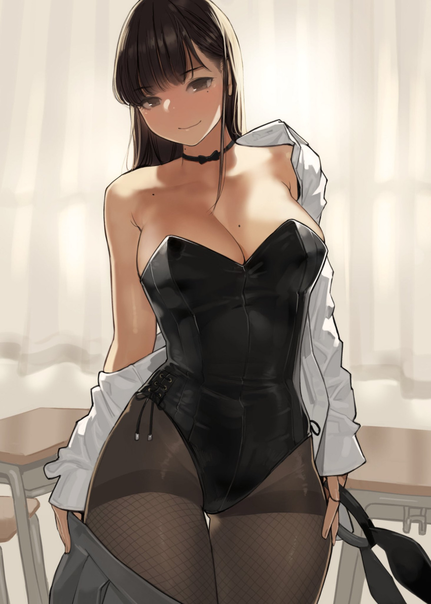 big_breasts bra curvy_figure dark_hair female female_only full_body half-dressed half_naked light-skinned_female light_skin looking_at_viewer panties shiny_skin short_hair simple_background smile solo solo_female yomu_(sgt_epper)