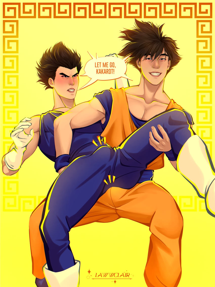 2boys asian_male black_hair bulge bulge_through_clothing dragon_ball gay goku holding_waist kimono lawwclair male male_only pointy_hair smile smiling son_goku suggestive_gesture vegeta yelling