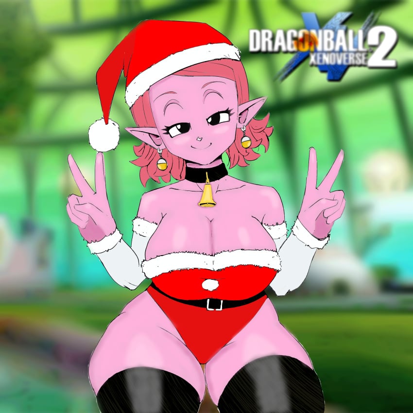 1girls alternate_breast_size bedroom_eyes bell_collar big_breasts christmas chronoa cleavage dragon_ball dragon_ball_xenoverse kappa_spark leggings logo peace_sign santa_costume santa_hat shortstack sketchcolor solo thick_thighs