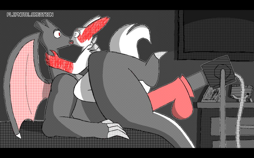 anal anal_sex animated anthro bed charizard claws digital_media_(artwork) dildo dildo_in_ass dildo_insertion drawer duo electronics flat_screen flipnote_studio_(artwork) flipnotecreation fucking_machine fur furniture gif kissing lying machine making_out male male/male nintendo nintendo_ds nintendo_ds_family object_in_ass on_back on_top_of_belly penetration penile penile_penetration photo pokémon_(species) pokemon pokemon_(species) red_body red_fur sex_machine sex_toy sex_toy_in_ass sex_toy_insertion shaded short_playtime television white_body white_fur zangoose