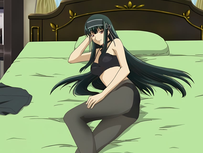 1girls arm_support ass bed big_breasts bra breasts busty come_hither confident female female_only green_hair hand_on_leg hand_on_own_leg hand_on_own_thigh hand_on_thigh highres kuonji_shinra large_breasts legs lingerie lying on_side panties panties_under_pantyhose pantyhose pose posing red_eyes seductive_smile sensual smile solo stitched they_are_my_noble_masters thighs third-party_edit underwear underwear_only voluptuous