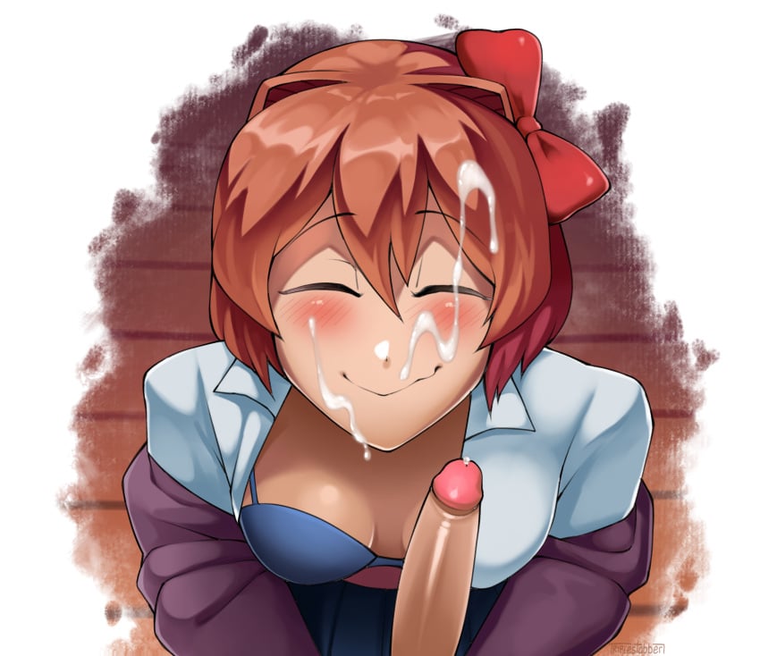 1girls after_fellatio blue_bra blue_skirt bow bra breasts cum cum_on_face cum_on_hair doki_doki_literature_club eyes_closed facial female female_focus kneeling looking_up nude penis sayori_(doki_doki_literature_club) school_uniform smile smiling triplestabber white_shirt