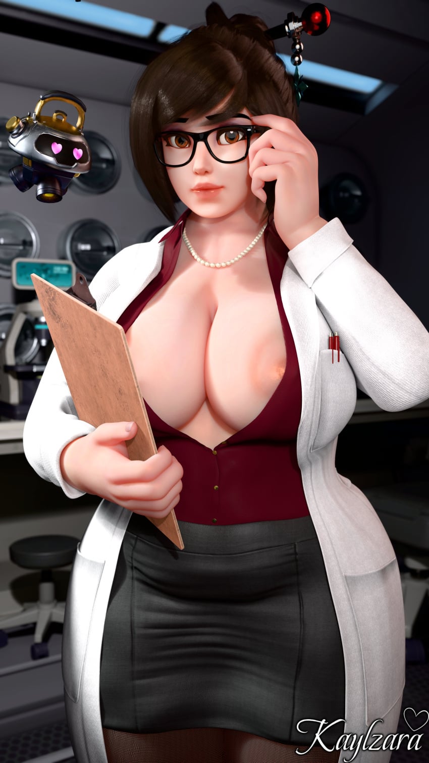 1girls 3d adjusting_eyewear adjusting_glasses areola_slip areolae_peeking bbw belly belly_overhang big_areola big_breasts brown_eyes brown_hair button_down_shirt chubby chubby_female cleavage clipboard clothed clothed_female deep_cleavage detailed_background doctor female female_only glasses hair_bun hair_ornament heart_eyes holding_clipboard inner_sideboob kaylzara labcoat light-skinned_female light_skin medium_hair mei-ling_zhou mei_(overwatch) mei_ling_zhou necklace nipple_slip overwatch overwatch_2 pantyhose pinup skirt snowball_(overwatch) solo solo_female tummy underboob wide_hips