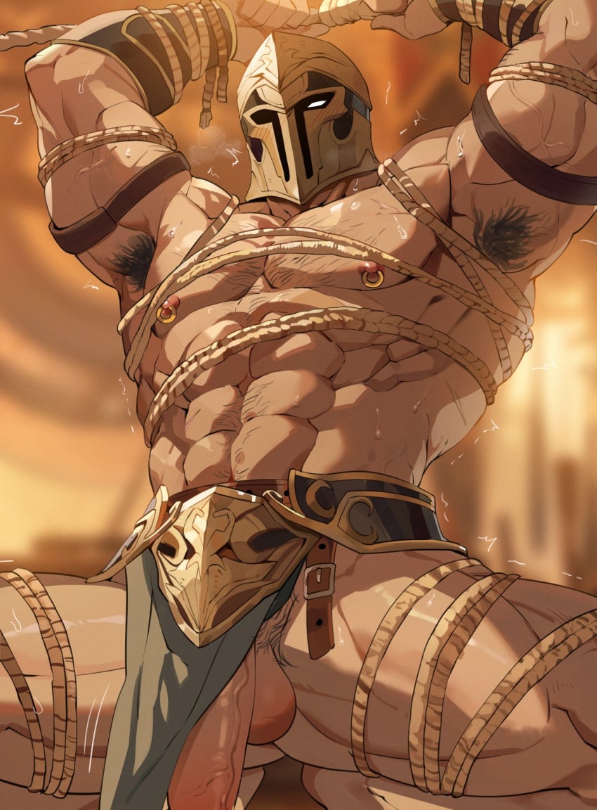 1boy abs armpit_hair biceps blurry blurry_background blush bondage bound flaccid gay gomihebi helmet highres loincloth looking_at_viewer male male_only motion_lines muscular muscular_male nipple_piercing nipple_rings original penis piercing sweat testicles