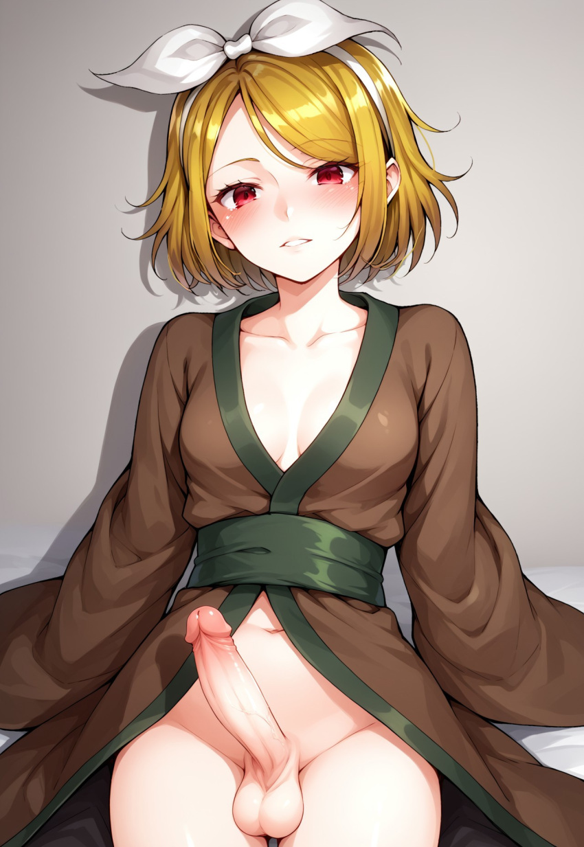 1futa 1girls ai_generated bed_sheet blonde_hair blush bow breasts brown_kimono cowboy_shot erection female full-package_futanari futa_only futanari green_sash hair_ribbon hairband hassaku_(model) japanese_clothes kimono long_sleeves looking_at_viewer masa_works_design milua navel on_bed oni_to_kitsune_no_hanashi open_clothes open_kimono parted_lips penis red_eyes ribbon scrotum self_upload shikyou_amanojaku short_hair sitting small_breasts solo solo_futa swept_bangs testicles uncensored white_ribbon wide_sleeves