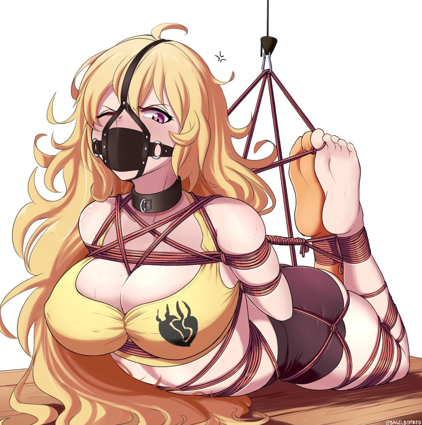 1girls bagelbomb big_breasts blonde_hair blush bondage bound breasts clothing collar curvy feet female gag gagged harness_gag long_hair one_eye_closed one_sock panel_gag pentagram_harness purple_eyes rope rope_bondage rwby solo solo_female struggling thick_thighs thighs toes yang_xiao_long yellow_hair