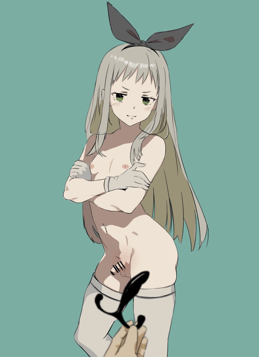 1boy :3 blend_s blue_eyes bow censored censored_penis femboy feminine_male gay green_background grey_hair hips kanzaki_hideri legwear legwear_only long_hair looking_at_viewer male male_focus naked nipples pink_nipples pov sex_toy shimkarom simple_background small_penis thick thick_thighs thighs white_legwear wide_hips