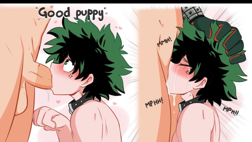 2boys all_the_way_to_the_base bakugou_katsuki blowjob boku_no_hero_academia collar deepthroat dekuwus dialogue fellatio gay giving_head gloves good_boy green_hair hand_on_head izuku_midoriya katsuki_bakugou male male/male male_only midoriya_izuku my_hero_academia oral penis_in_mouth petplay praise puppyplay sucking_penis yaoi