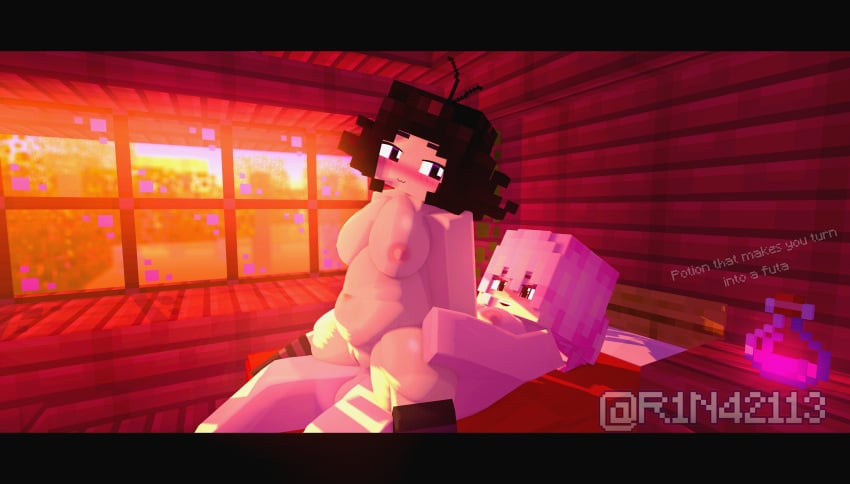 1futa 2girls 3d :3 alley_(r1n42113) alternate_version_available bedroom big_belly big_breasts black_hair blush chubby chubby_female cowgirl_position fat_ass female_penetrated futa_on_female highres minecraft penis_in_pussy pink_eyes pink_hair pink_nipples purple_eyes r1n42113 render size_difference socks yuri