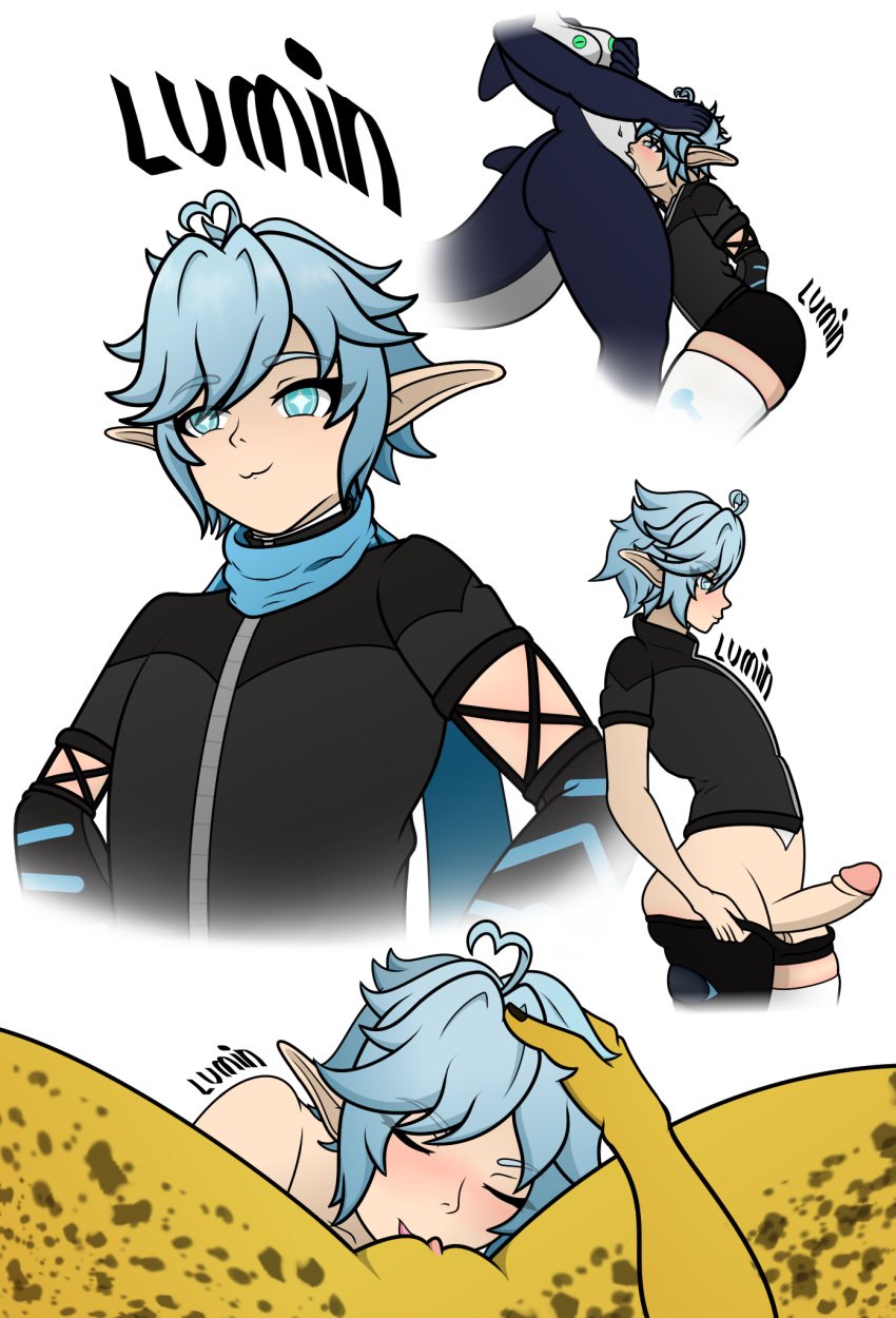 anthro blue_hair cunnilingus deepthroat elf elf_boy femboy futa_on_male futanari hung_femboy lumintheelf oral orca_girl