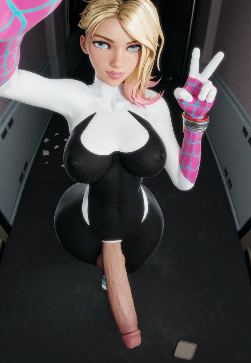 3d big_breasts big_penis blonde_hair double_peace_sign futa_only futanari gwen_stacy huge_cock marvel marvel_comics presenting_penis selfie spider-gwen spider-man_(series) superheroine veiny_penis zzzxxxccc