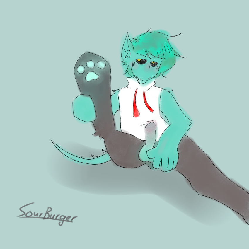 black_eyes blue_skin creature femboy green_skin leg_up oc original_character paws sea_creature