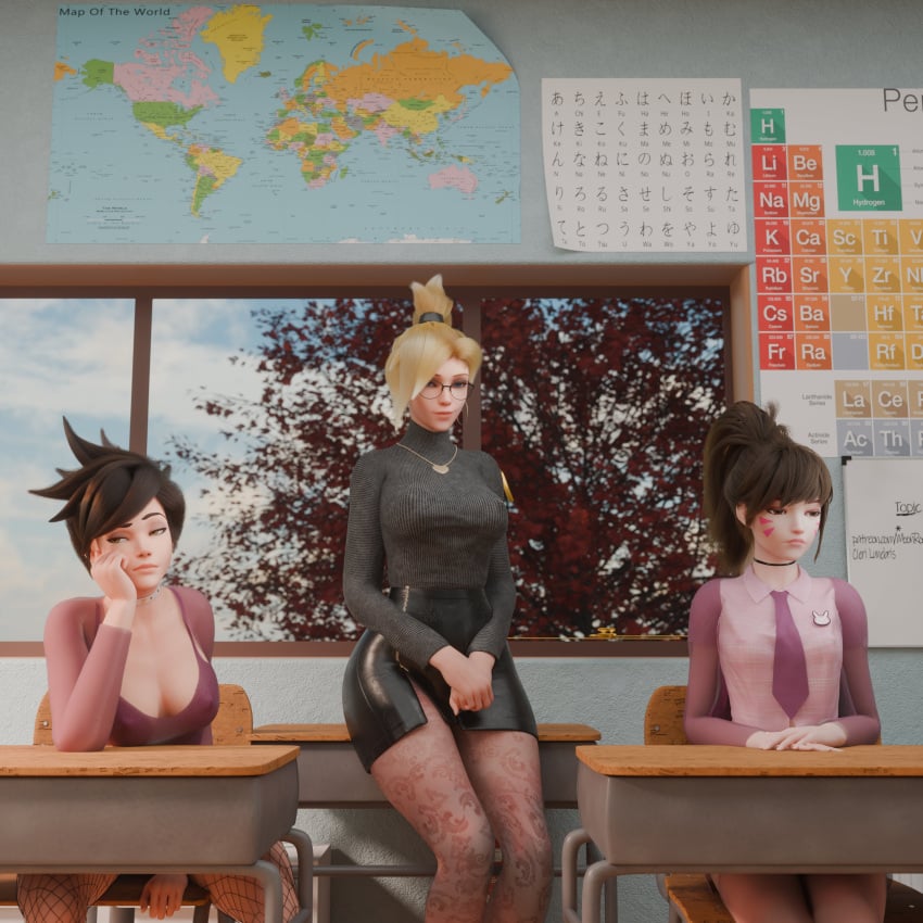 3d 3girls angela_ziegler blizzard_entertainment blonde_hair breasts brown_hair classroom d.va detailed_background female female_focus female_only hana_song hi_res high_resolution highres large_breasts lena_oxton mercy moonroomoom school_uniform schoolgirl skirt teacher tracer