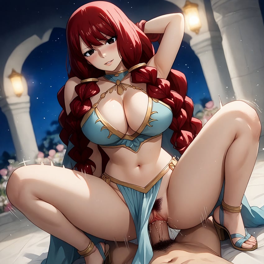 1boy 1girls ai_generated arm_up armpits big_breasts brait breasts cleavage cowgirl_position fairy_tail feet harem_outfit irene_belserion large_breasts no_panties payop pelvic_curtain pelvic_curtain_aside penis pony_diffusion_xl pov pubic_hair pussy red_hair sandals sex spread_legs vaginal_penetration vaginal_sex