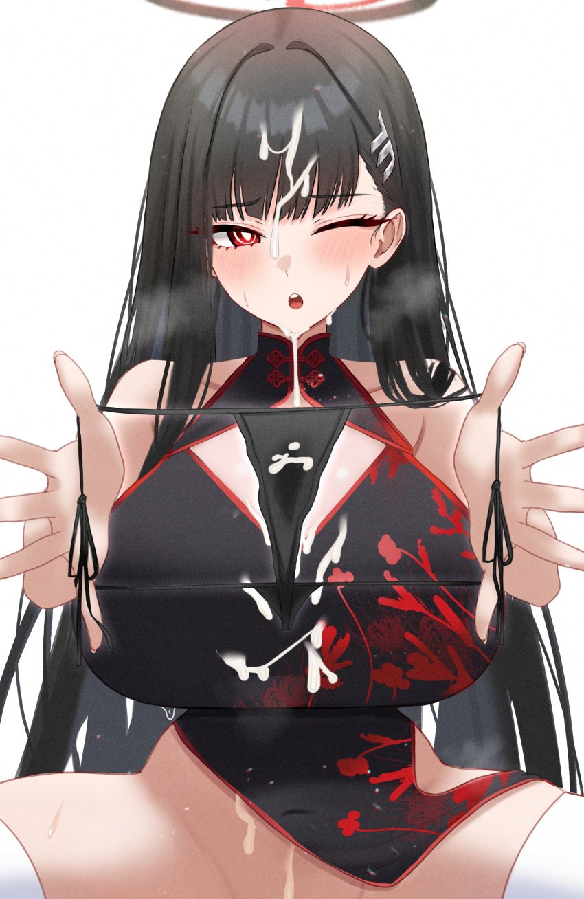 1girls absurdres alternate_costume bare_shoulders black_dress black_hair black_halo black_panties blue_archive blush breasts bright_pupils china_dress chinese_clothes choppy_bangs cum cum_on_clothes cum_on_hair dress female female_only floral_print hair_ornament hairclip halo highres holding holding_panties holding_underwear holding_unworn_clothes huge_breasts light-skinned_female light_skin long_hair looking_at_viewer mijikayo millennium_science_school_student one_eye_closed panties parted_lips pelvic_curtain presenting_removed_panties red_eyes ringed_eyes rio_(blue_archive) seminar_(blue_archive) sitting solo spread_legs steam steaming_body string_panties sweat teeth thighhighs thong underwear upper_teeth_only white_pupils white_thighhighs