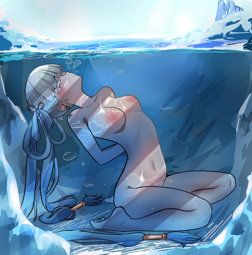 air_bubbles blush breasts drowning jinhsi_(wuthering_waves) marima666_(artist) nude underwater water wuthering_waves