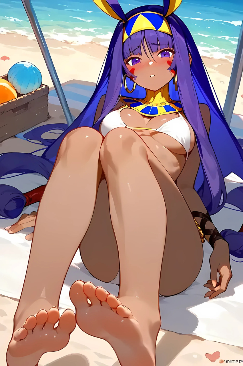 ai_generated barefoot beach bikini blush blush breasts dark-skinned_female dark_skin earrings embarrassed fate/grand_order fate_(series) feet feet_focus female female female_focus female_only full_body hair hand_on_hip hands hi_res highres human jewelry looking_at_viewer medium_breasts nails nervous nitocris_(fate/grand_order) nitocris_(swimsuit_assassin) ocean public purple_eyes purple_hair shy sitting soles summer tagme teeth teeth_showing thighs toenails toes