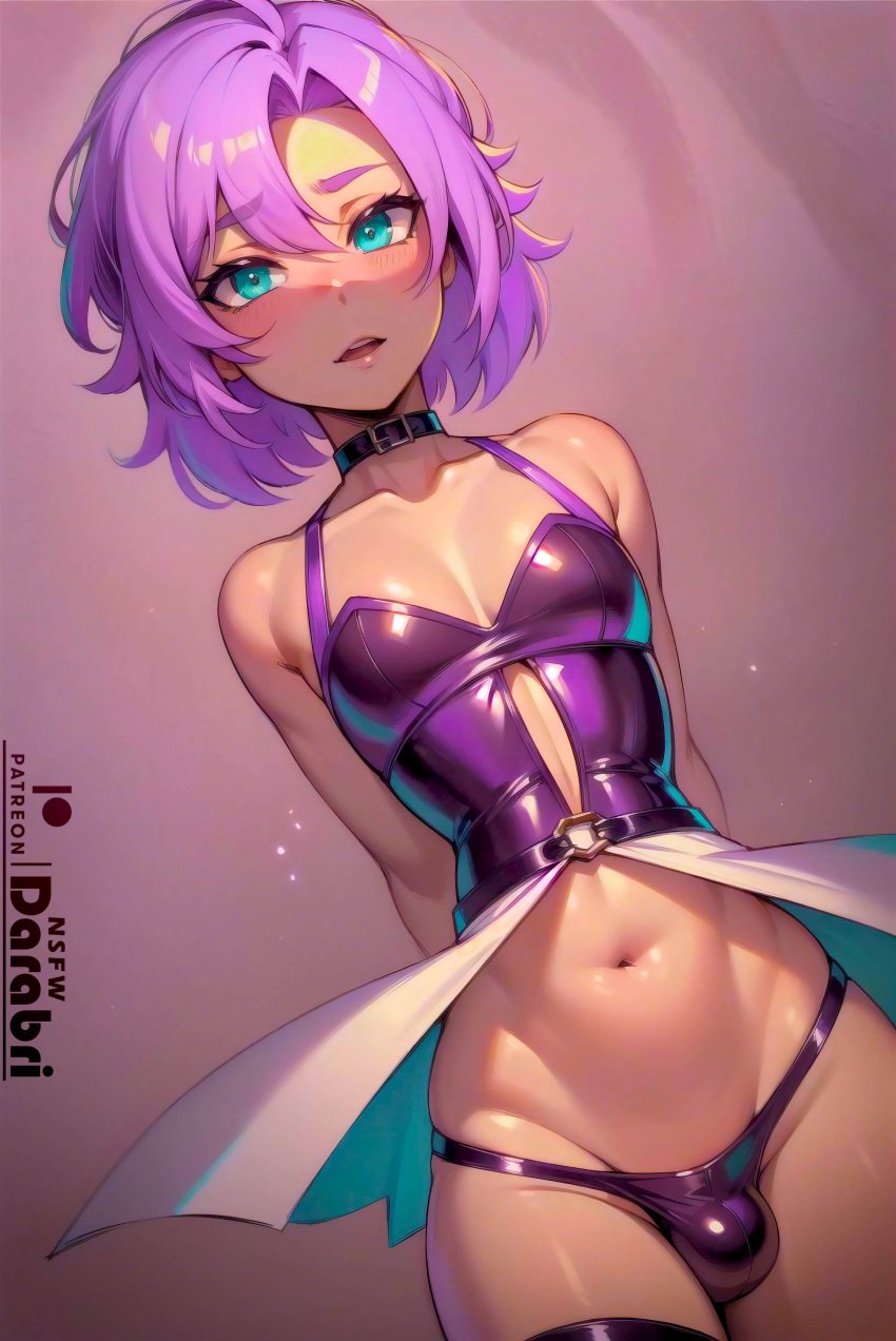 1boy abstract_background ai_generated blue_eyes bulge cleavage cute darabri femboy feminine_male flat_chest gay girly latex lilac_hair logo otoko_no_ko pale_skin patreon patreon_logo penis_bulge ponk_hair solo solo_focus trap windy windy_skirt yaoi