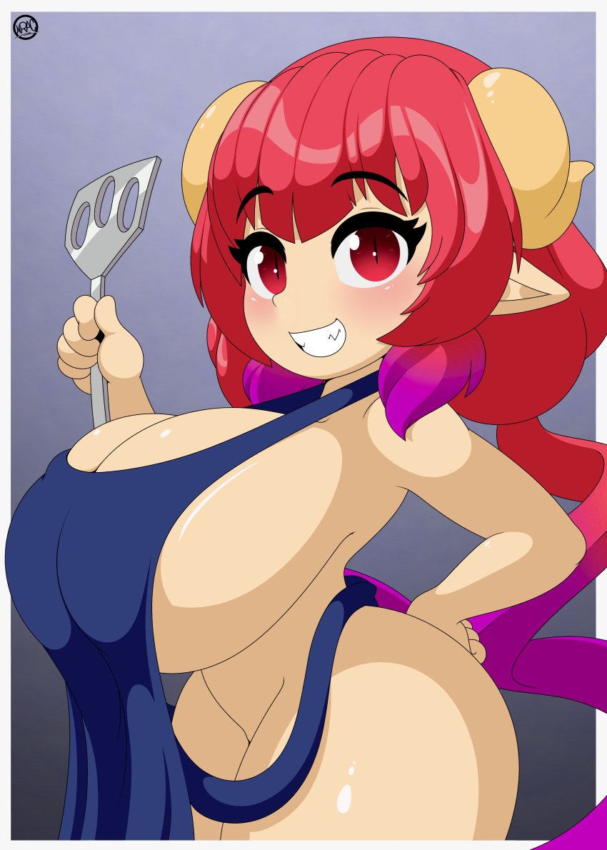 1girls apron big_breasts breasts clothing dragon_girl female female_only horns huge_breasts ilulu_(dragon_maid) miss_kobayashi's_dragon_maid mostly_nude naked_apron nr_ac pointy_ears red_eyes red_hair shortstack smile solo solo_female thick_thighs thighs wide_hips