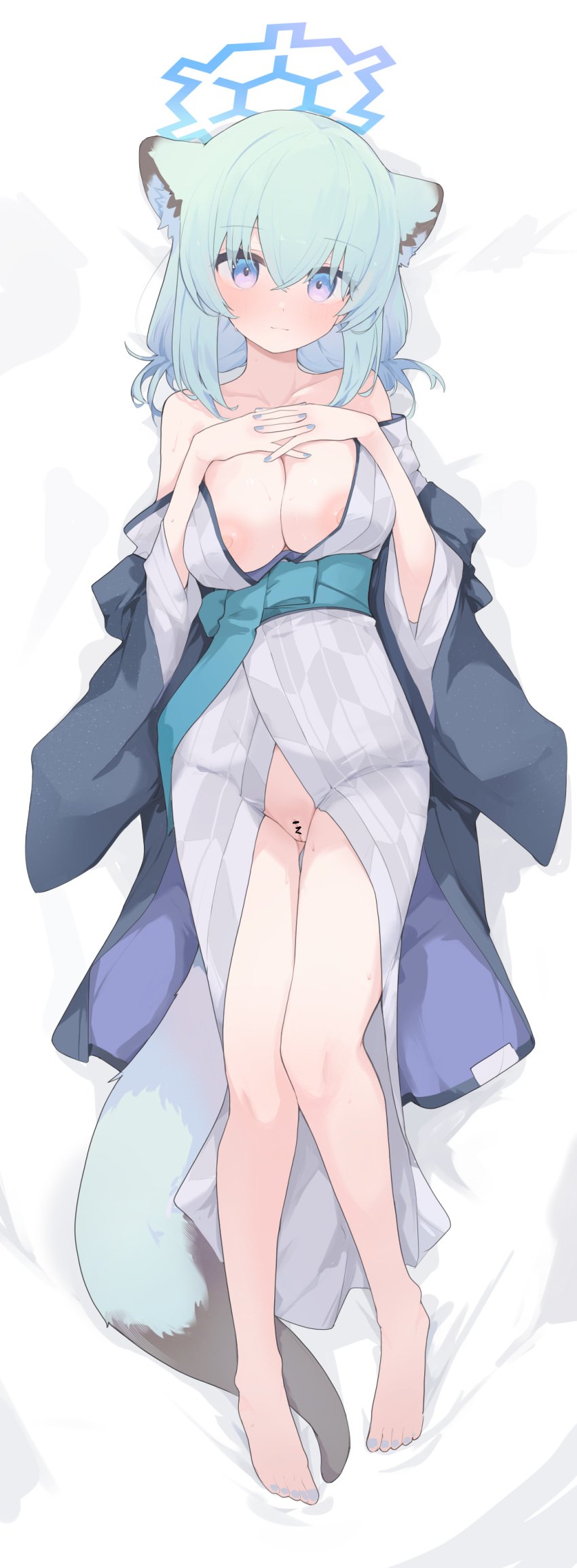 absurdres animal_ears aqua_hair blue_archive blue_halo breasts censored dakimakura_(medium) female halo highres japanese_clothes kimono large_breasts looking_at_viewer lying mikozin naked_kimono nipples official_alternate_costume on_back pussy shigure_(blue_archive) shigure_(hot_spring)_(blue_archive) solo tail weasel_ears weasel_girl weasel_tail