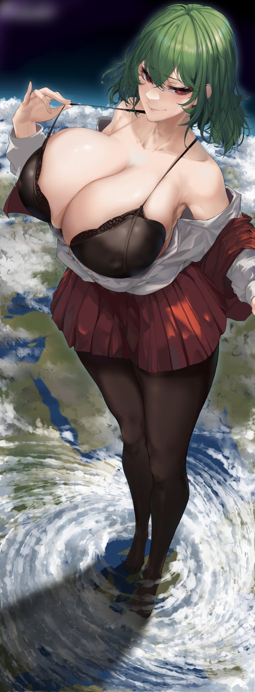 atmosphere big_breasts black_bra bra breasts clothed clothed_female clouds continents earth female female_focus female_only giantess giga_giantess kabubu_3 kaos_3_0_1 kazami_yuuka land light-skinned_female light_skin looking_at_viewer mega_giantess ocean planet planetary_macro red_eyes rnkabubu_3 skirt sky smile smiling smiling_at_viewer solo solo_female solo_focus stripping touhou touhou_project video_game_character youkai yuka_kazami yuuka_kazami