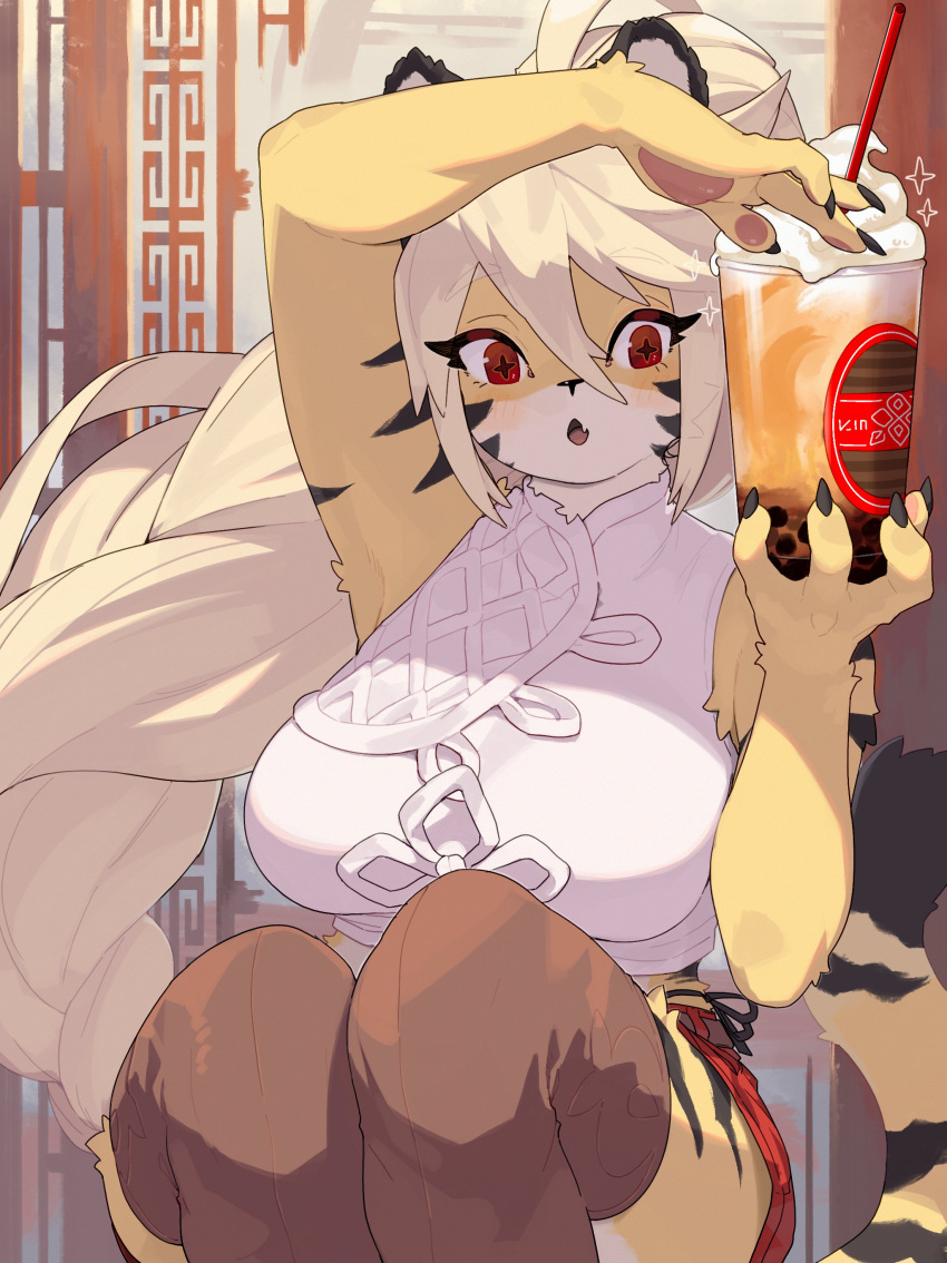 1girls 2024 4_fingers :o anthro beverage blonde_hair blush breasts clothed clothing container countershade_torso countershading cup felid female female_only fingers front_view fur hair hi_res holding_beverage holding_container holding_cup holding_object kame_3 long_hair looking_at_viewer mammal open_mouth pantherine red_eyes sitting solo striped_body striped_fur stripes symbol-shaped_pupils tail tiger tongue topwear