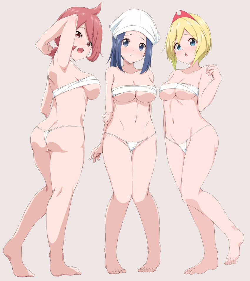 2023 3girls :o akari_(pokemon) arezu_(pokemon) ass barefoot big_breasts blonde_hair blue_eyes blush breasts cleavage contrapposto creatures_(company) embarrassed feet female female_only full_body fundoshi game_freak hi_res irida_(pokemon) izuna_masaru looking_at_viewer matching_hair/eyes medium_breasts medium_hair navel nintendo open_mouth pokemon pokemon_legends:_arceus red_eyes red_hair sarashi short_hair sideboob sidelocks simple_background standing underboob