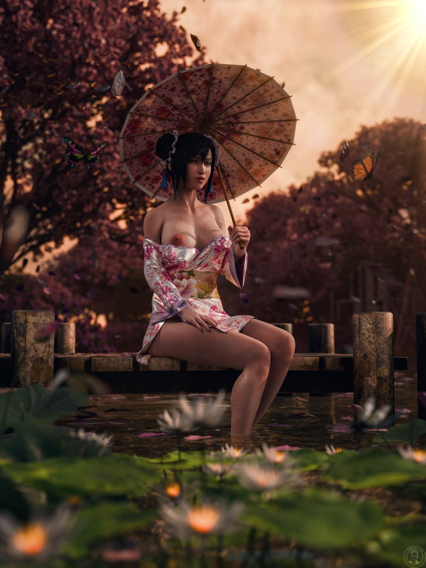 1girls 3/4_view 3d areolae areolae_slip bare_legs big_breasts black_hair breast_out butterflies butterfly detailed_background dusk eyeshadow feet_in_water female female_only final_fantasy final_fantasy_vii final_fantasy_vii_remake fit fit_female greengiant3d holding_parasol lakeside legs_together lipstick long_hair long_legs looking_at_viewer nipple one_breast_out outdoors ox_horns red_eyes red_lips red_lipstick short_yukata sitting smiling solo submerged_feet sunset tied_hair tifa_lockhart wagasa yukata yukata_down