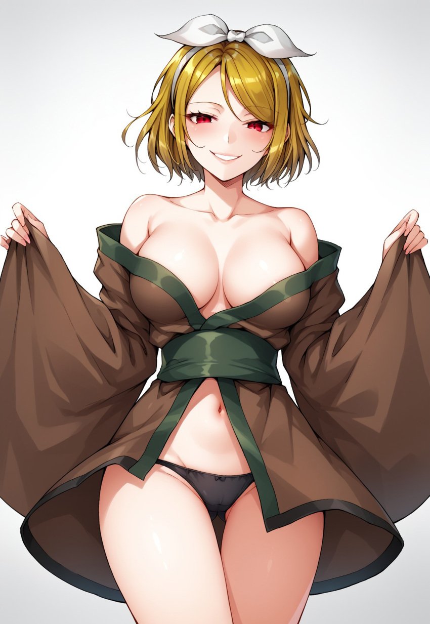 1girls ai_generated bare_shoulders black_panties blonde_hair bow breasts brown_kimono collarbone cowboy_shot female female_only green_sash hair_ribbon hairband hassaku_(model) japanese_clothes kimono large_breasts looking_at_viewer masa_works_design milua navel oni_to_kitsune_no_hanashi open_clothes open_kimono panties red_eyes ribbon self_upload shikyou_(onibi_series) smile solo solo_female swept_bangs white_ribbon