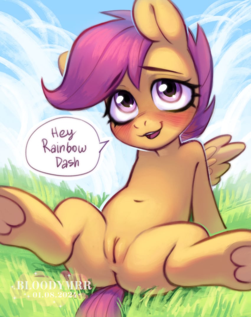 belly bloodymrr cub equid equine female_cub feral feral_only friendship_is_magic hair hasbro hooves horse my_little_pony mythological_creature mythological_equine mythology navel orange_body orange_fur pegasus pony purple_eyes purple_hair pussy scootaloo_(mlp) short_hair smile underhoof wings young young_anthro young_female young_feral