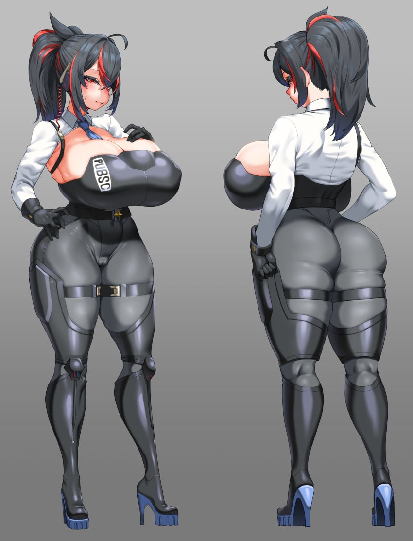 ass back black_gloves black_hair blush breasts cameltoe cleavage era_(erasion) female gloves grey_background highres huge_breasts long_hair multicolored_hair multiple_views ponytail red_hair simple_background skin_tight streaked_hair sweatdrop two-tone_hair zenless_zone_zero zhu_yuan