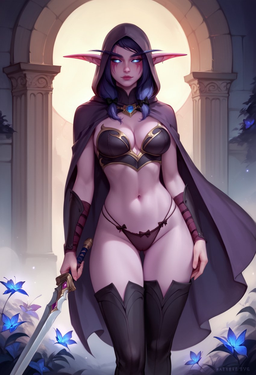 1girls absurd_res ai_generated anaslex athletic_female big_breasts blizzard blue_eyes boots bracers breasts cleavage cloak elf elf_ears elf_female facial_markings fit_female hi_res holding_object holding_weapon hood hooded_cloak large_breasts long_ears long_eyebrows looking_at_viewer night_elf night_elf_female panties pointy_ears pose posing purple_hair pussy see-through sword thigh_boots thigh_gap thighhighs thighs vambraces warcraft warcraft_3 world_of_warcraft