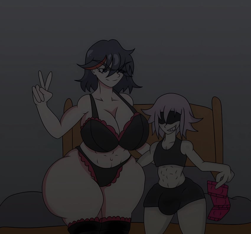 1boy 1girls abs ass bed big_ass big_breasts black_hair bra breasts bubble_butt bulge bulge_through_clothing butt cleavage condom condom_wrapper crona_(soul_eater) crossover female femboy femboy_on_female hetero imminent_sex kill_la_kill leolockhartsummers male male/female matoi_ryuuko panties pink_hair short_hair smile soul_eater straight thick_thighs wide_hips