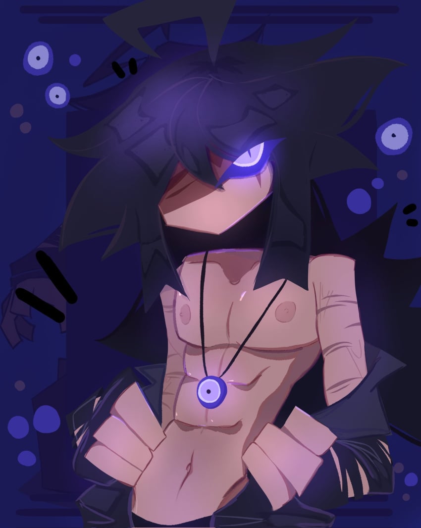 1boy black_hair blue_eye buff chest fundamental_paper_education jacket_open long_hair machine_girl_(kaaatie) miller_(kaaatie) muscular necklace nipples one_eye ripped_clothing scars that_crazy11