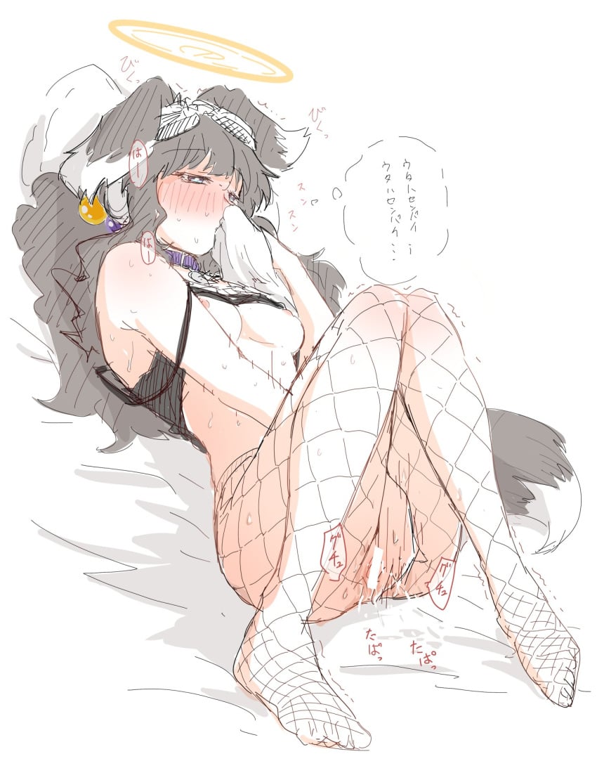 animal_ears bare_shoulders barefoot black_hair blue_archive blue_eyes blush breasts bright_pupils camisole censored collar dog_ears dog_girl dog_tail feet female female_masturbation fishnets floppy_ears goggles goggles_on_head hair_bobbles hair_ornament halo hibiki_(blue_archive) highres long_hair low_twintails lying masturbation medium_breasts nipples off_shoulder on_back pillow purple_collar pussy_juice simple_background smelling solo sound_effects sweat tail tank_top toes twintails white_background white_pupils yagon1942 yellow_halo