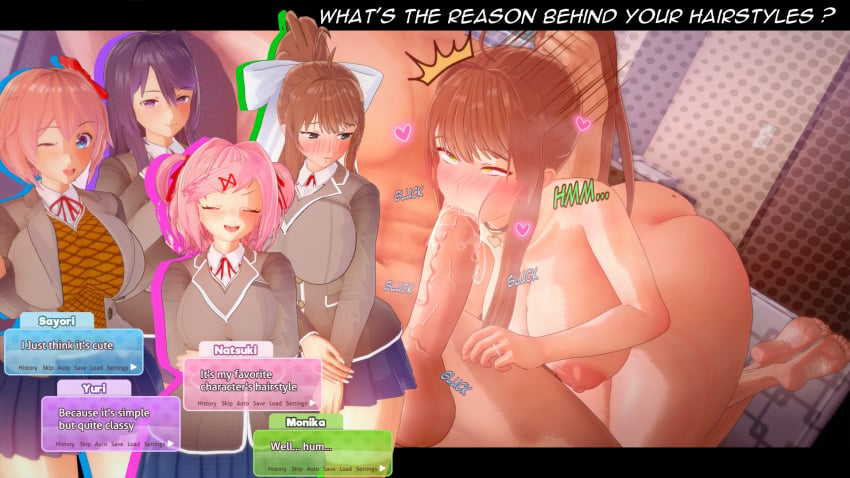 1boy 1girls 3d :>= ahe_gao big_ass big_breasts big_penis blowjob blush cum cum_in_mouth ddlc_text_box doki_doki_literature_club eyes_rolling_back feet grabbing_hair i_do_things_(thingsdoi) koikatsu mole_on_ass mole_on_breast monika_(doki_doki_literature_club) muscular_male natsuki_(doki_doki_literature_club) nude ponytail_hold sayori_(doki_doki_literature_club) thick_thighs yuri_(doki_doki_literature_club)