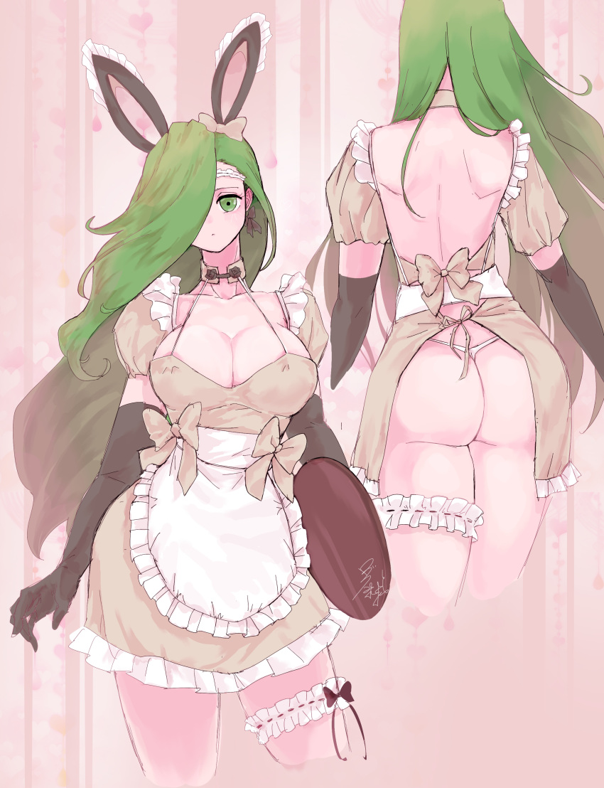 1girls alternate_costume annand_(fire_emblem) ass back backless_outfit bare_back breasts bunny_ears bunny_girl bunnysuit elbow_gloves female female_only gloves green_eyes green_hair large_ass large_breasts long_hair maid nintendo panties smile solo ta_dasu_(tadasu_hayashi) underwear very_long_hair white_panties