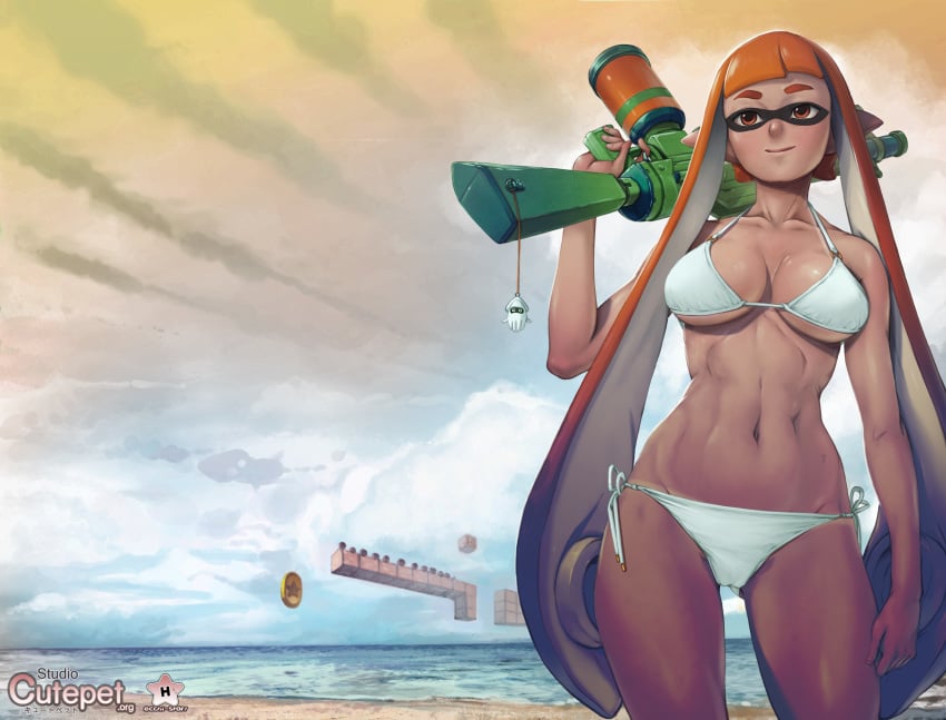 afternoon anthro beach belly bikini blocks blooper breasts cameltoe cephalopod cephalopod_humanoid cleavage cloud coin collarbone cutepet domino_mask eyebrows female floating_objects gun hips humanoid inkling inkling_girl kaori_(splatoon) large_breasts light_smile long_hair mario_(series) mask mask_(marking) midriff navel nintendo orange_eyes orange_hair pointy_ears side-tie_bikini smile solo splatoon squid squid_girl standing super_mario_bros. swimsuit tan tanlines tanned tentacle tentacle_hair thighs toned underboob very_long_hair water_gun weapon white_bikini white_swimsuit wide_hips