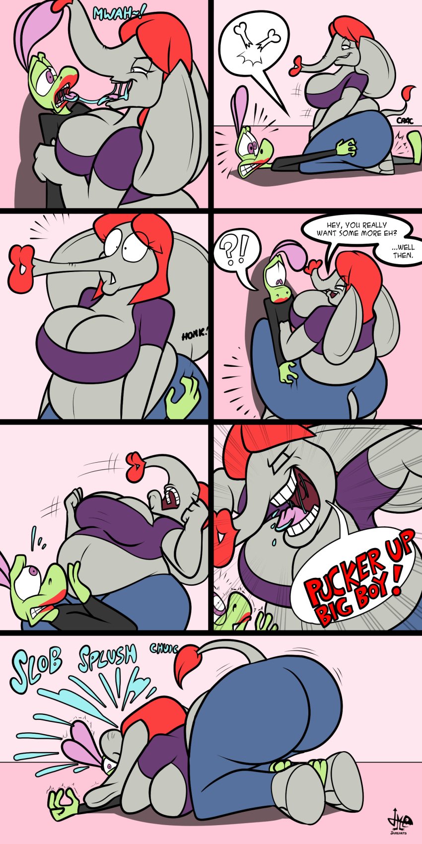 anthro belly big_ass big_breasts chubby chubby_female comic comic_panel dialogue elephant elephant_girl furry grabbing_another's_ass green_body jamearts jimmy_(jamearts) kayla_(bigbbigger) kiss_mark kissing large_ass large_breasts larger_female lizard lizardman navel panels red_hair saliva saliva_drip scalie size_difference smile smiling teeth