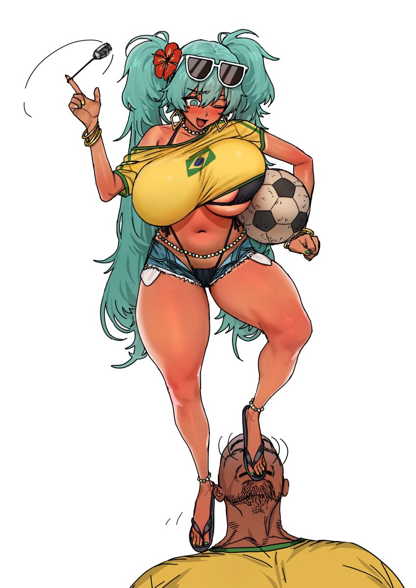 big_breasts bikini blush boobs brazil brazilian brazilian_female brazilian_miku female_domination femdom flip_flops foot_fetish football_(ball) football_jersey football_uniform green_eyes green_hair hatsune_miku huge_breasts huge_thighs jewelry latin_american_hatsune_miku_(meme) minishorts painted_toenails sandals stepped_on stepping_on_head sunglasses_on_head tan-skinned_female tan-skinned_male tan_markings tanned tanned_female toenail_polish vocaloid yanolza01