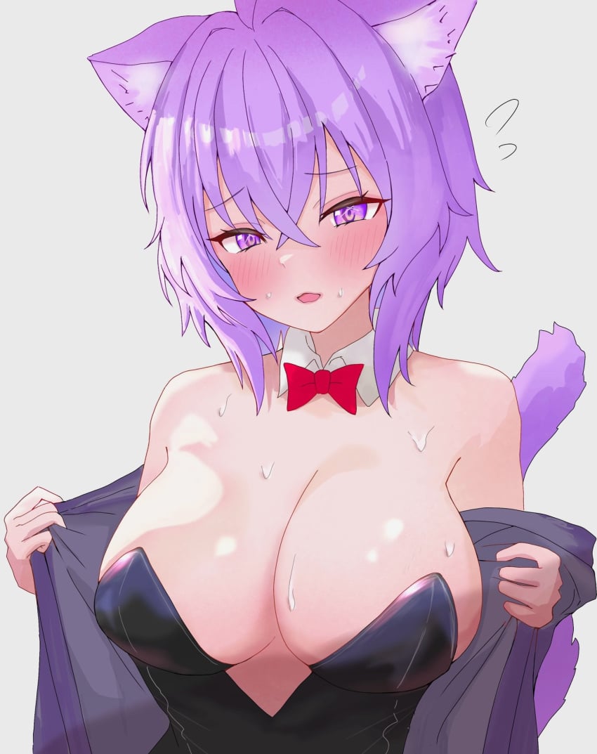 black_leotard blush hololive hololive_gamers hololive_japan large_breasts leotard looking_down nekomata_okayu nervous open_clothes sweat sweatdrop upper_body virtual_youtuber warg_games_(artist)