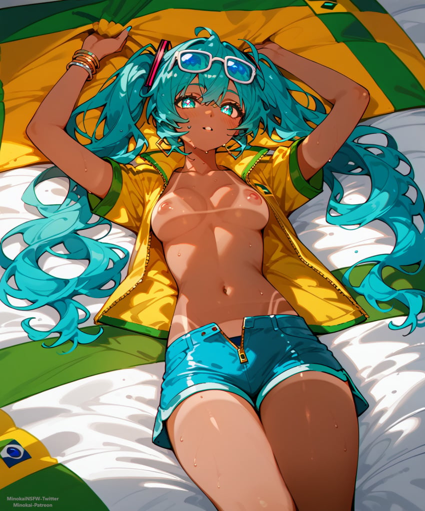 1girls ai_generated arms_up brazil brazilian brazilian_female brazilian_miku breasts_out coat_on_shoulders dark_skin female female_only hatsune_miku jean_shorts laying laying_on_bed minokai sweating tanline vocaloid