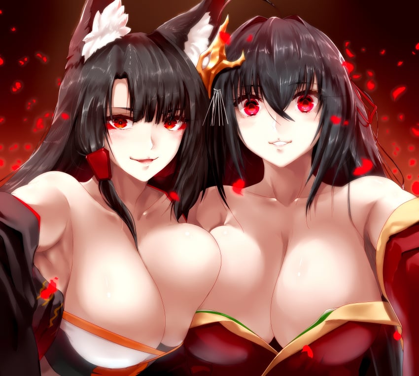 2girls akagi_(azur_lane) animal_ears asymmetrical_docking azur_lane black_hair breast-to-breast breast_press breasts brown_hair female hair_ornament high_resolution huge_breasts large_breasts looking_at_viewer multiple_girls red_eyes taihou_(azur_lane) tenna1869 very_high_resolution yandere