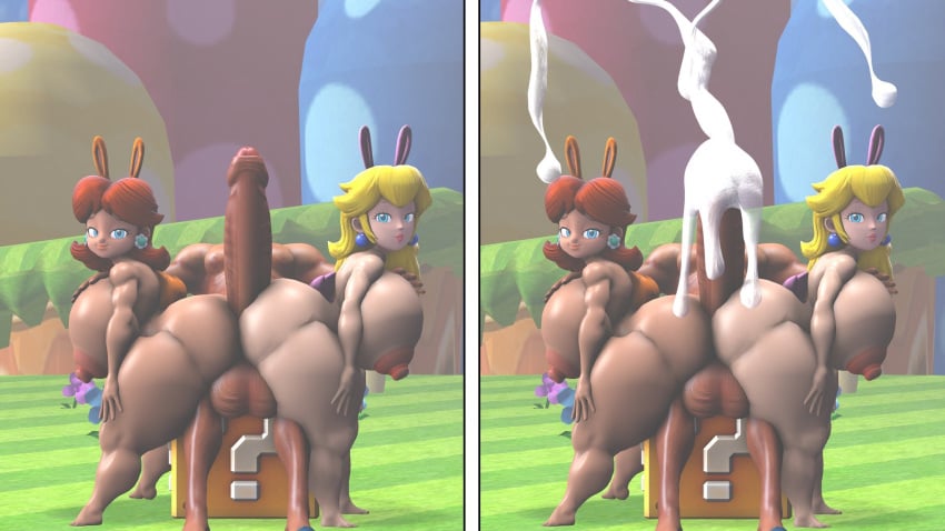 1boy 2girls 3d alternate_ass_size alternate_breast_size ass_bigger_than_head big_balls big_breasts big_penis breasts_bigger_than_head bunny_ears buttjob cum excessive_cum huge_ass huge_balls huge_breasts huge_cock human human_only hyper hyper_penis large_breasts large_penis light-skinned_female light-skinned_male light_skin mario_(series) mxp1985 nintendo princess_daisy princess_peach tan-skinned_female tan-skinned_male tan_skin