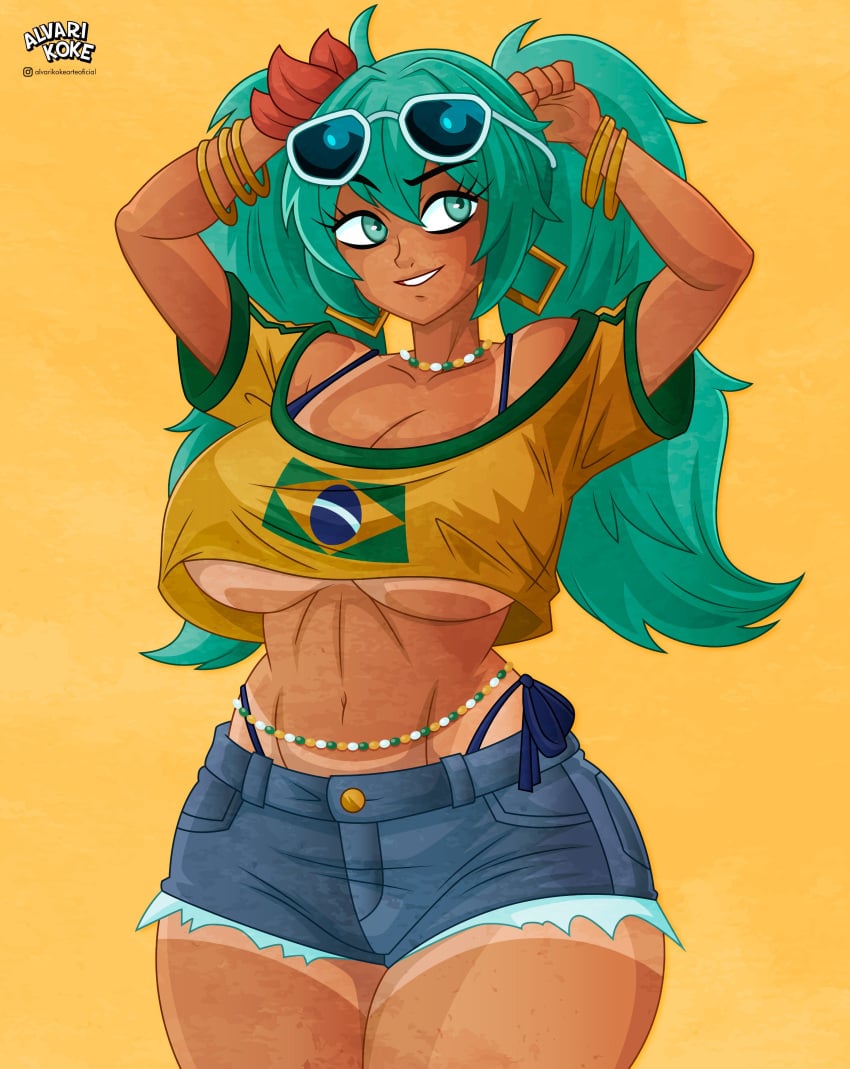 1girls alvarikokearte belly big_breasts brazil brazilian brazilian_female brazilian_miku breasts collarbone dark-skinned_female dark_skin female female_focus female_only hatsune_miku large_breasts original original_character solo solo_female underboob vocaloid