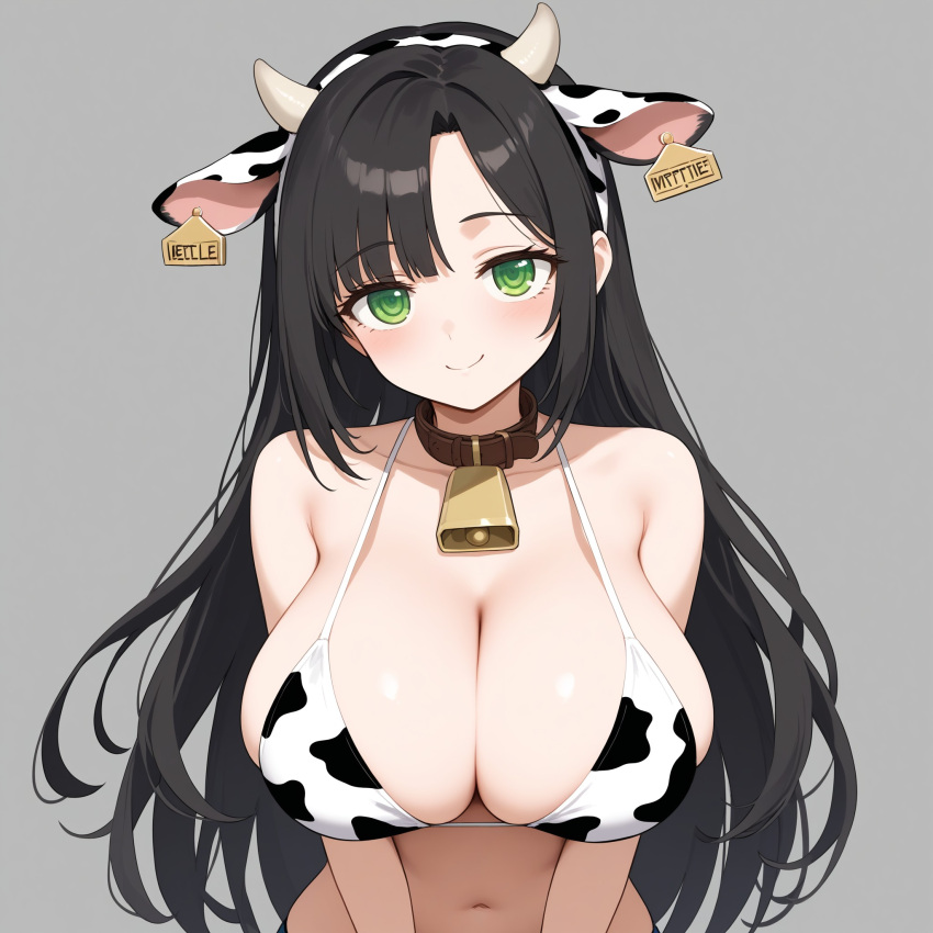 1girls ai_generated bikini_top black_hair cow_bell cow_bikini cow_bra cow_girl cow_horns cow_print female green_eyes long_hair pale-skinned_female pale_skin