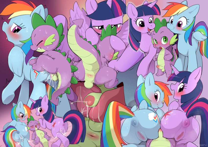 age_difference alicorn anthro anus balls cub cum cutie_mark dragon ejaculation equid equine feral foreskin friendship_is_magic green_eyes hasbro interspecies manmosu_marimo my_little_pony older_female open_mouth pegasus penis pink_eyes purple_eyes purple_hair pussy rainbow_dash_(mlp) rainbow_hair scalie smile spike_(mlp) twilight_sparkle_(mlp) unicorn young younger_male