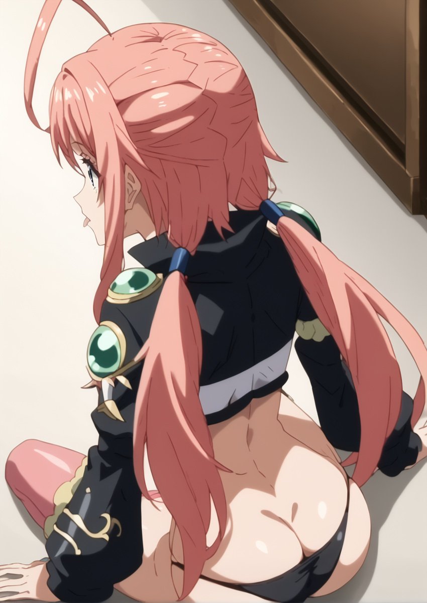 ahoge ai_generated ass back black_clothes black_panties black_underwear blue_eyes breasts clothing crop_top female female from_behind huge_ass large_ass legs long_hair long_sleeves looking_at_viewer looking_back low_twintails milim_nava pantsu pink_hair pink_thighhighs sitting solo tensei_shitara_slime_datta_ken thick_ass thick_thighs thighhighs tied_hair tongue tongue_out twintails underwear